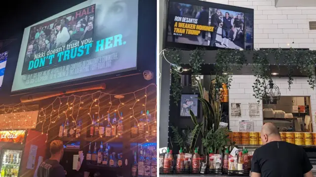 Attack ads playing on a tv at a local bar and at a Vietnamese restaurant, both in Des Moines