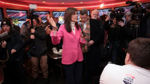 Nikki Haley makes a speech at a campaign stop at the Drake Diner in Iowa on Monday morning.