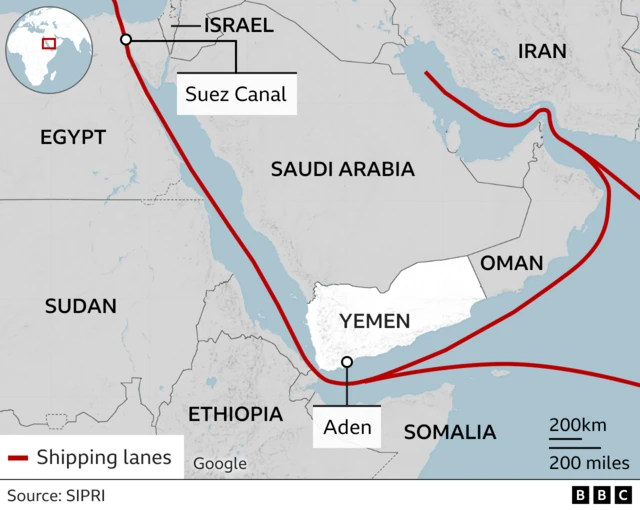 Map showing Yemen, the port of Aden and major shipping lanes in the Middle East