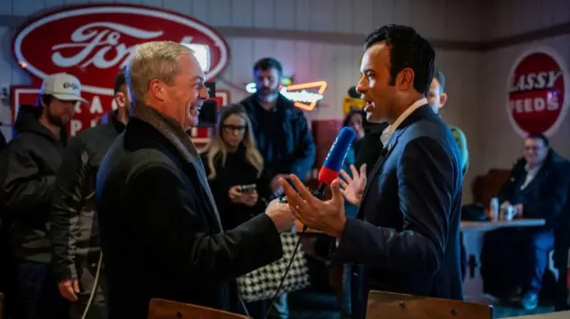 Nigel Farage interviews Vivek Ramaswamy's campaign during a campaign stop in Urbandale, Iowa