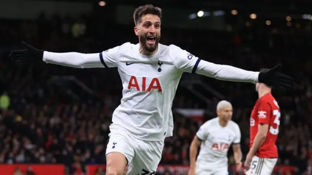 Rodrigo Bentancur of Tottenham celebrates after scoring his side's second equalising goal at Manchester United