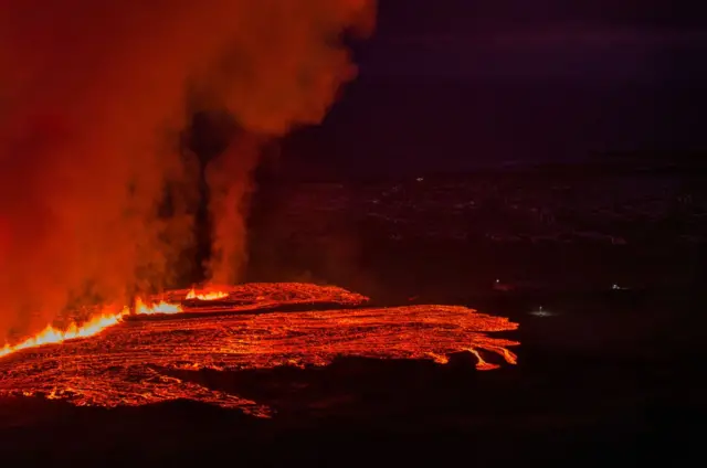 Lava flows from a volcano in Grindavik