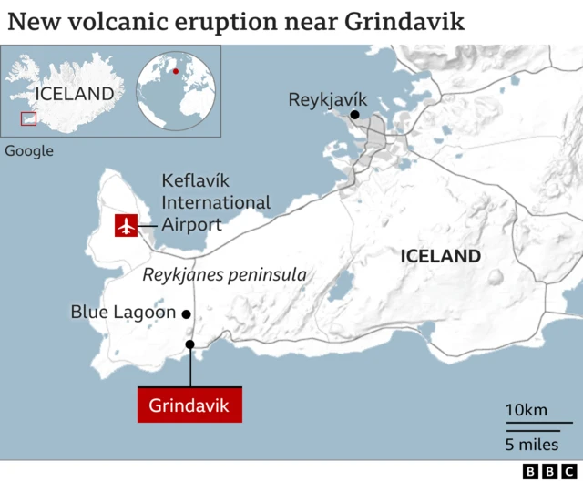 Map showing the location of Grindavik and of the Icelandic capital Reykjavik