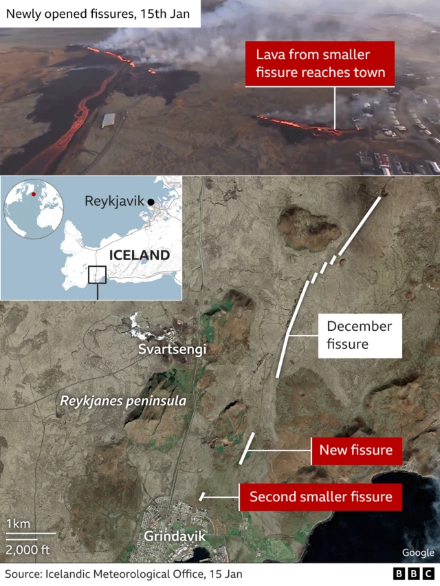 A map showing the fissures near Grindavik