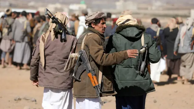 Supporters of Yemen's Houthis attend a protest against US-led strikes on Houthi targets, near Sanaa