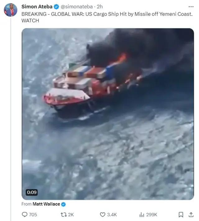 Twitter screenshot showing an old image of a burning cargo ship near Sri Lanka is being shared with the false claim that it is a US vessel attacked by the Houthis