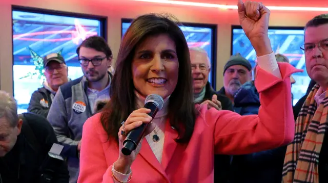 Republican presidential candidate and former U.S. Ambassador to the United Nations Nikki Haley speaks during a campaign stop at the Drake Diner on the day of the Iowa Caucus vote in Des Moines, Iowa, U.S., January 15, 2024.