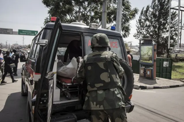 The body of a Democratic Republic of Congo soldier killed during an exchange of fire with Rwandan soldiers is repatriated to Goma on June 17, 2022.