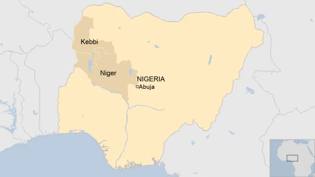 Map of Nigeria showing Niger and Kebbi states