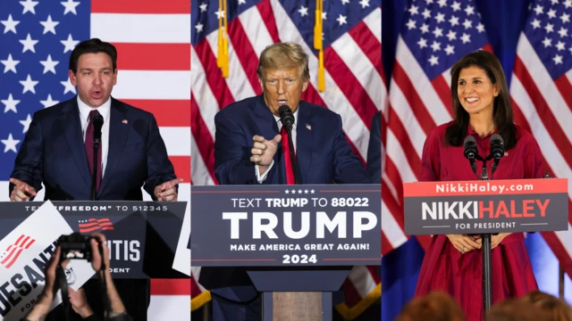 Making speeches in Iowa left to right: DeSantis, Trump, Haley