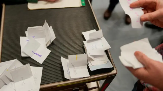 White strips of paper are piled into four groups, one for each major candidate