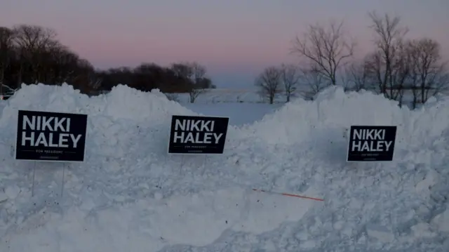 Nikki Haley signs in snow