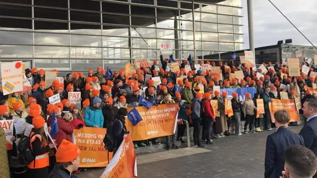 Junior doctors in a rally outside the Senedd on Tuesday