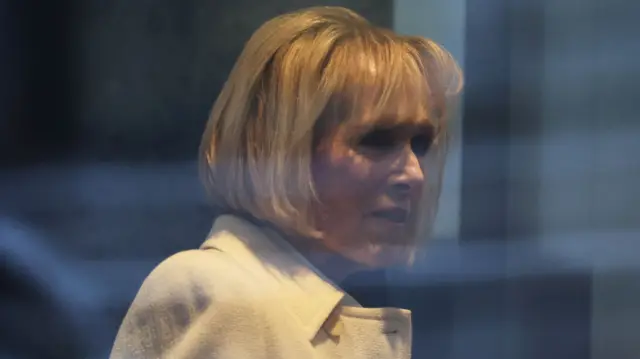 . Jean Carroll enters Manhattan Federal Court, for jury selection in the second civil trial after she accused former U.S. President Donald Trump of raping her decades ago, in New York City, U.S., January 16, 2024.