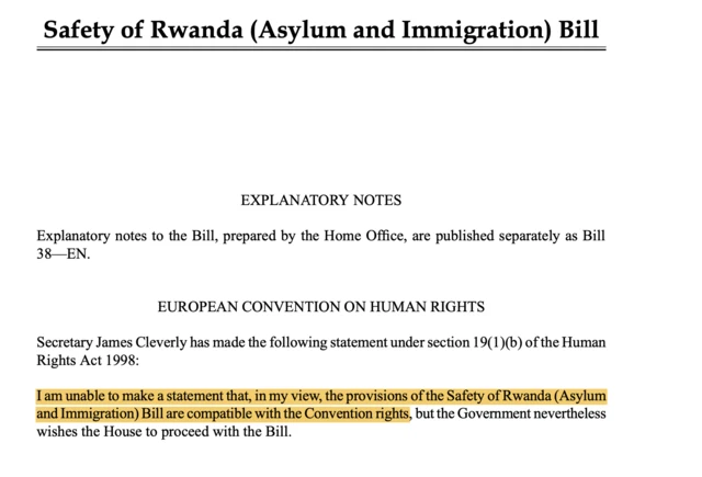 Front page of the Rwanda Bill with the warning that it may not be compatible with human rights law