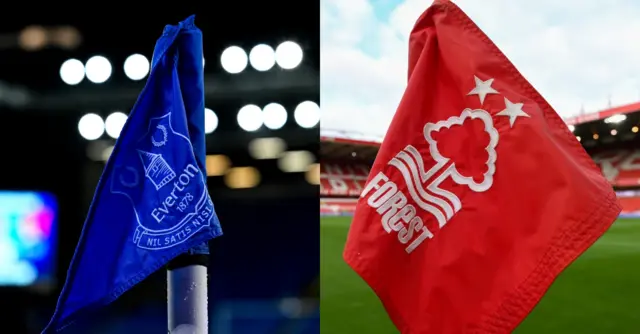 Corner flags with club crests at Goodison Park and the City Ground.