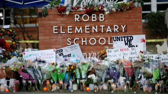 Memorial outside Robb Elementary School on May 27 2022