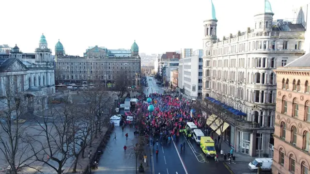 Aerial shot of striking workers in Belfast