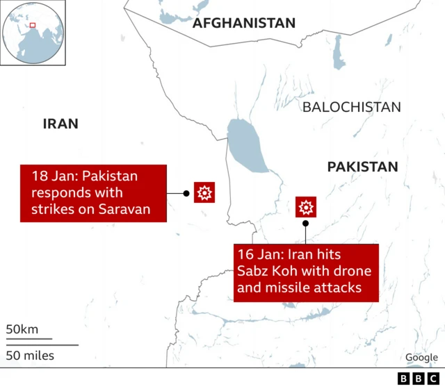 Map showing where and when the Pakistani and Iranian strikes ht.