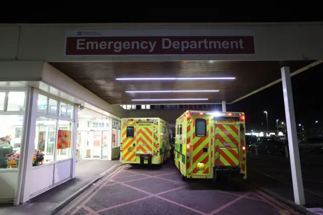 Ambulances at the Accident and Emergency department at Craigavon Area Hospital near Belfast.