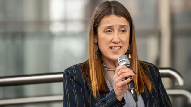 Jane Dodds MS, leader of the Welsh Liberal Democrats, speaks during a demonstration on March 16, 2022 in Cardiff, Wales