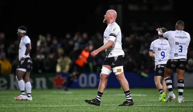 Bristol lock Josh Caulfield walks off after being red-cared early in the Galway game