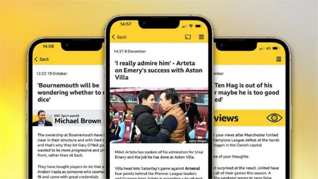 Mobile phones showing the BBC Sport website