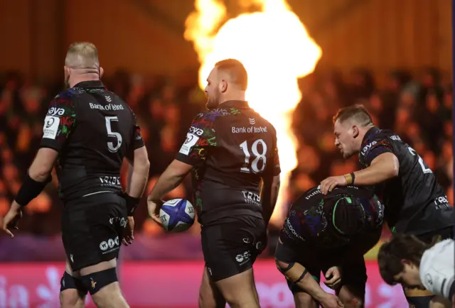 Dexcom Stadium is lit up as Connacht celebrate Jack Aungier's try