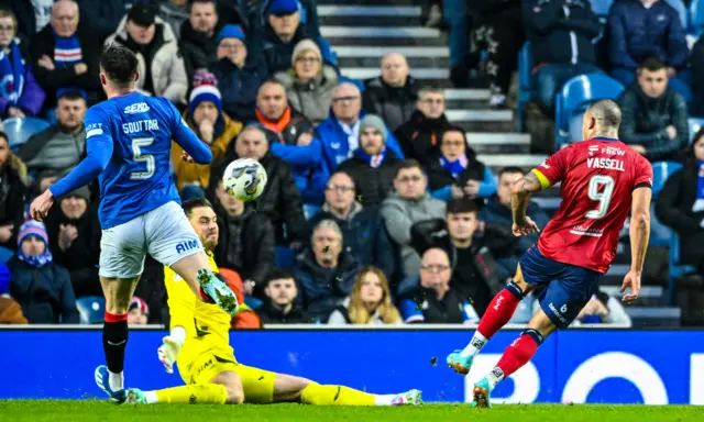 Kilmarnock's Kyle Vassell has a shot saved by Rangers goalkeeper Jack Butland