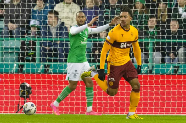 Motherwell's Theo Bair celebrates after making it 1-1 during a cinch Premiership match between Hibernian and Motherwell at Easter Road