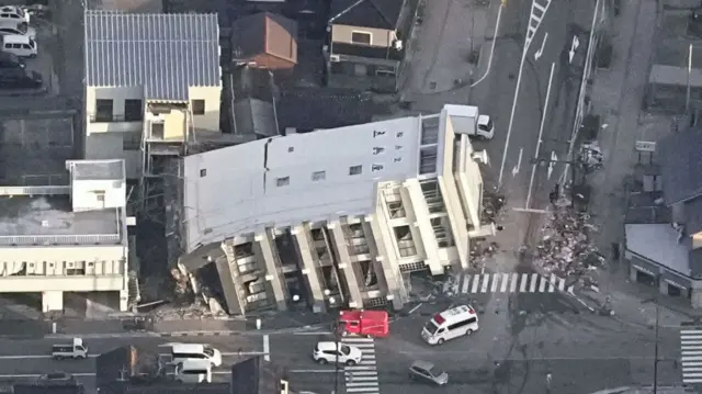 An aerial view shows a collapsed building caused by an earthquake in Wajima, Ishikawa prefecture, Japan January 2, 2024