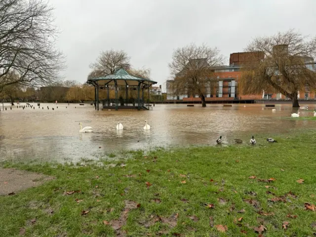 Flooding around the bandstand at the Royal Shakespeare Company