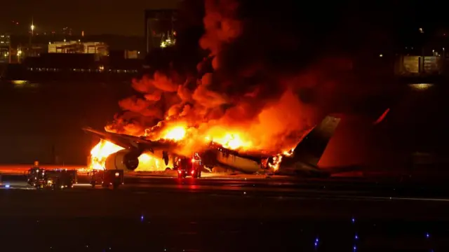 Japan Airlines' A350 airplane on fire at Haneda international airport in Tokyo