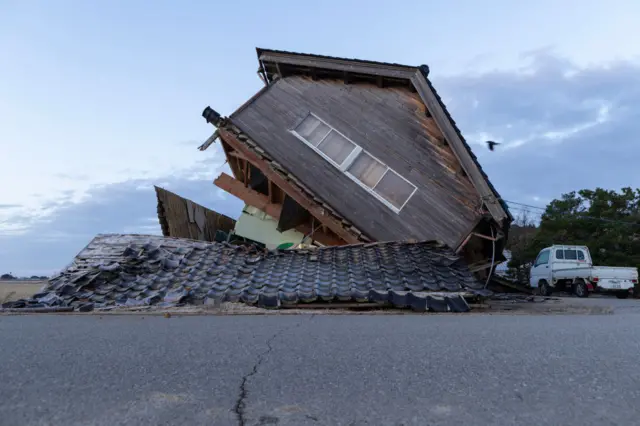 A house damaged by an earthquake is seen on January 02, 2024 in Nanao, Japan.