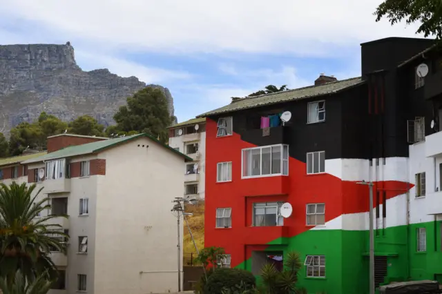 A view of a building in the Bo Kaap, painted to look like a Palestinian flag, on January 2, 2024, in Cape Town.