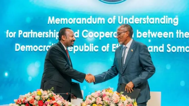 Somaliland President Muse Bihi and Ethiopia's Prime Minister Abiy Ahmed during the signing of the memorandum of understanding on the Red Sea port access on 1 January 2024