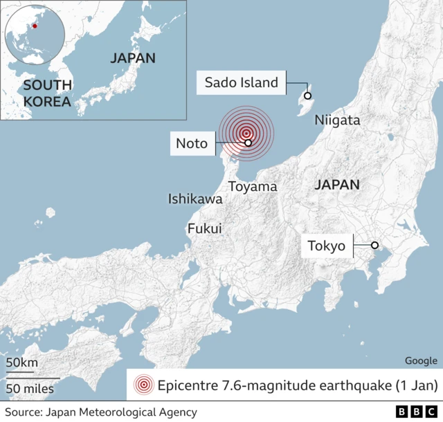 Map of earthquake-affected locations in Japan, including Noto and Sado Island