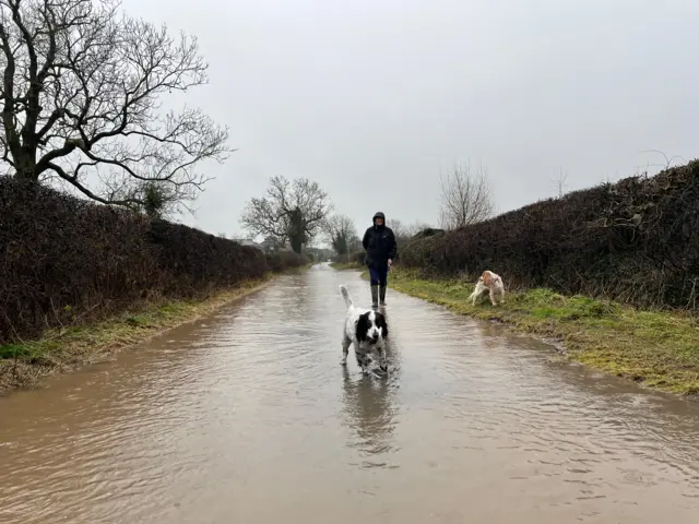 Flooded road in Church Broughton