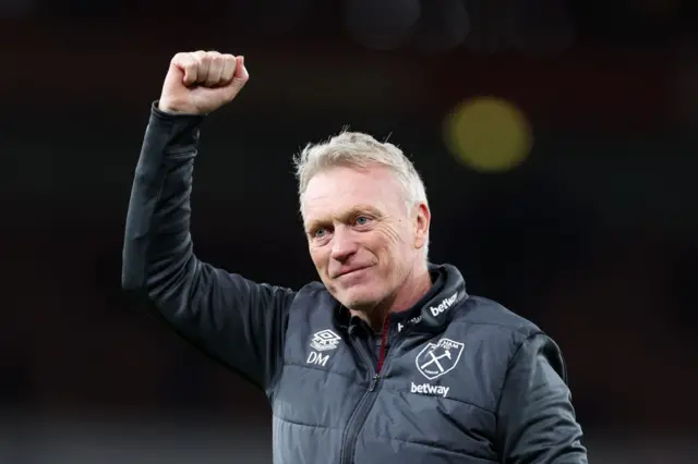 Moyes fist pumps to the away fans after West Ham's win at Arsenal.