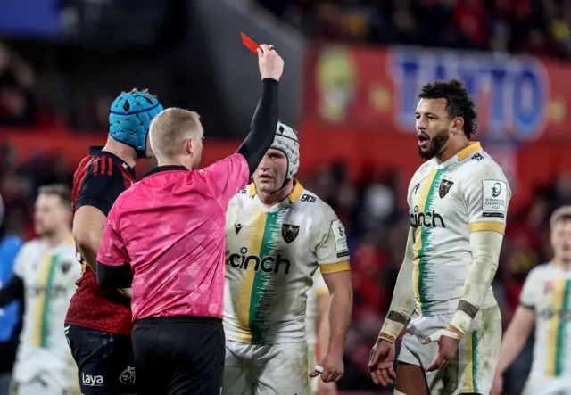 Referee Tual Trainini shows a red card to Curtis Langdon as Courtney Lawes looks on