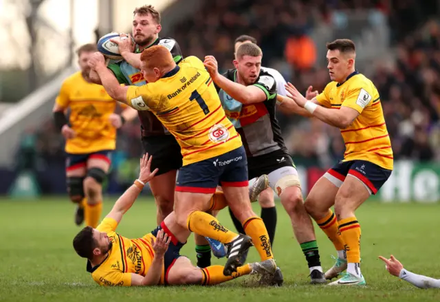 Ulster's Steven Kitshoff battles with Will Evans at the Twickenham Stoop.