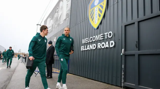 Preston players arrive at Elland Road