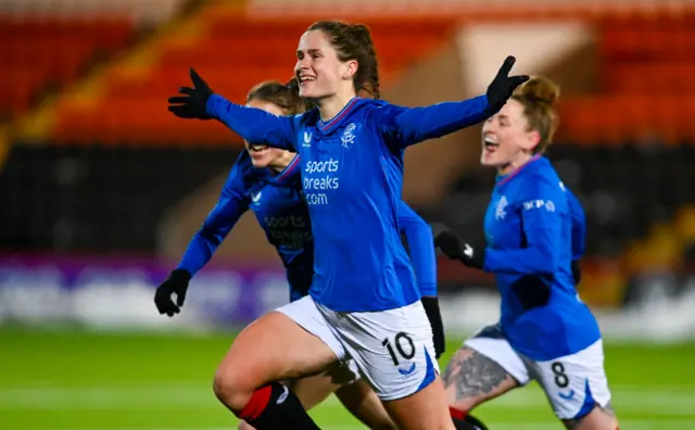 Rio Hardy celebrates after scoring for Rangers against Celtic