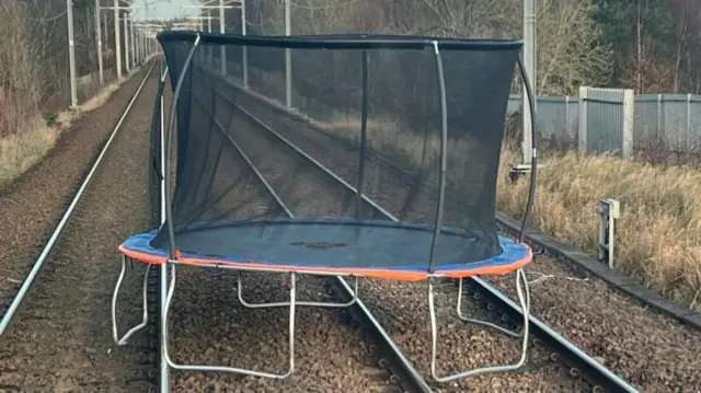 A trampoline was blown onto the main line between Glasgow Central and Edinburgh last December during Storm Pia