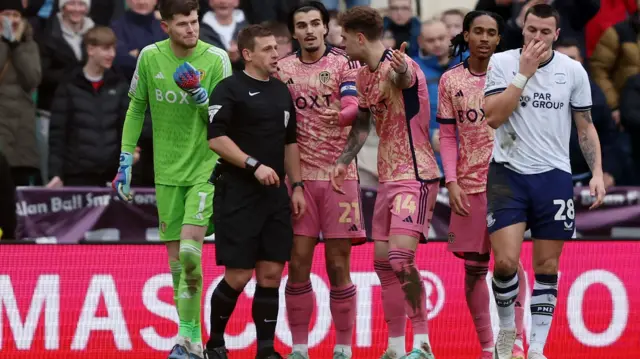 Leeds United goalkeeper Illan Meslier is sent off