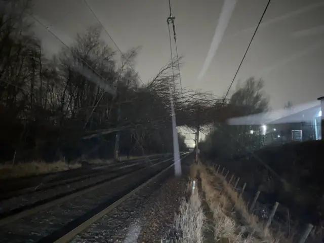 A tree partially blown onto a railway line