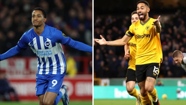 Collated image of Joao Pedro of Brighton celebrating and Matheus Cunha celebrating for wolves