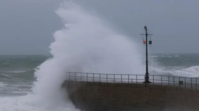 Stormy seas at Porthleven in Cornwall as Storm Isha swept in on Sunday