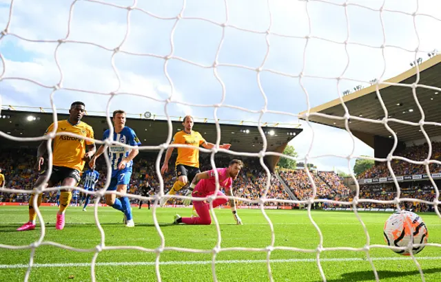 Solly March of Brighton & Hove Albion scoring against Wolves earlier in the season