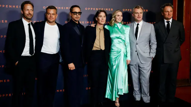 Trond Fausa Aurvag, Matt Damon, Robert Downey Jr., Cillian Murphy, Emily Blunt, Jason Clarke, and Director Christopher Nolan